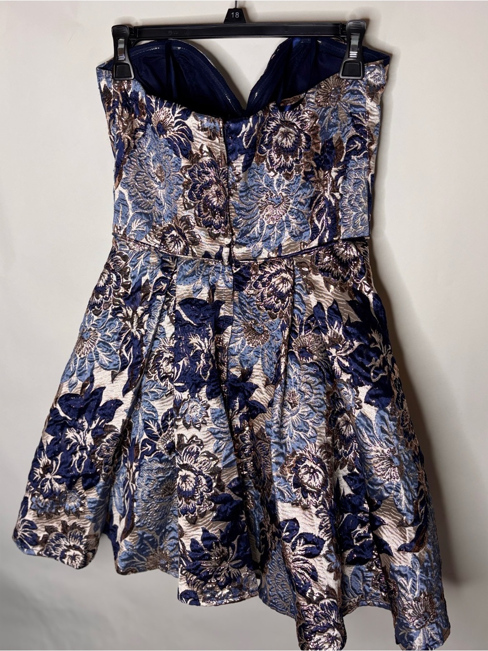 Strapless Blue Metallic Floral Skater Dress